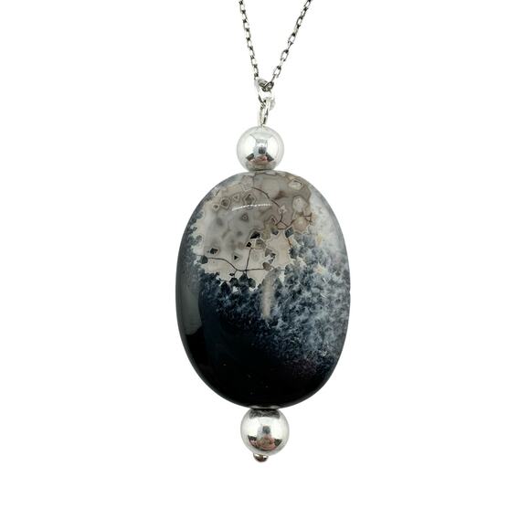 Handmade Onyx In Quartz Polished Natural Stone 925 Sterling Silver 19" Necklace - Picture 1 of 6